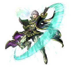 Rule 34 | 1boy, armor, attack, book, coat, fire emblem, fire emblem awakening, fire emblem heroes, gloves, leg armor, long coat, magic, nintendo, official alternate costume, official art, open mouth, robin (fire emblem), robin (male) (fire emblem), shoulder armor, solo, teeth, v-shaped eyebrows, white hair, wind