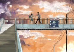 Rule 34 | 1boy, 1girl, bag, bridge, cloud, courage, holding hands, hetero, ogawa maiko, original, outdoors, pedestrian bridge, school uniform, serafuku, sky, stairs, translated, ufo