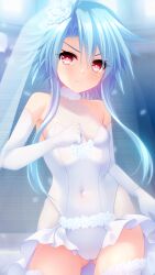 Rule 34 | 1girl, aqua hair, bare shoulders, blanc (neptunia), blue hair, blush, breasts, cameltoe, commission, covered navel, dress, elbow gloves, flower, gloves, hair between eyes, hair flower, hair ornament, highres, irori (irorixc), leotard, light blue hair, looking at viewer, neptune (series), power symbol, power symbol-shaped pupils, red eyes, short hair with long locks, skeb commission, small breasts, solo, symbol-shaped pupils, thighhighs, wedding dress, white flower, white gloves, white heart (neptunia), white leotard, white thighhighs