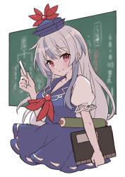 Rule 34 | 1girl, absurdres, ahase hino, blue hat, blue skirt, blue vest, book, breasts, chalk, chalkboard, cleavage, closed mouth, collarbone, commentary request, grey hair, happy, hat, highres, holding, kamishirasawa keine, long hair, looking at viewer, medium breasts, multicolored hair, neckerchief, puffy short sleeves, puffy sleeves, red eyes, red neckerchief, red ribbon, ribbon, scroll, shirt, short sleeves, sidelocks, skirt, smile, solo, touhou, two-tone hair, upper body, very long hair, vest, white shirt