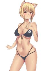 Rule 34 | 10s, 1girl, :o, animal ears, bad id, bad pixiv id, bare shoulders, bikini, black bikini, blonde hair, blush, breasts, cat ears, cleavage, front-tie top, kuraishi tanpopo, large breasts, looking at viewer, navel, red eyes, shiny skin, short hair, simple background, skindentation, solo, swimsuit, unko samurai, white background, witch craft works