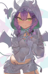 Rule 34 | 1girl, absurdres, badge, braid, breasts, button badge, closed mouth, clothing cutout, demon tail, fake horns, gloves, goggles, goggles on head, green eyes, hands on own chest, highres, hololive, horns, leaning forward, long hair, looking at viewer, multicolored hair, nagiushi, purple hair, shorts, solo, tail, tattoo, tokoyami towa, tokoyami towa (5th costume), twin braids, virtual youtuber, white gloves, white shorts, wings