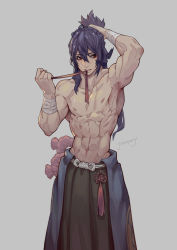 Rule 34 | 1boy, arm up, armpits, bandages, blush, collarbone, dragalia lost, grey background, hair between eyes, highres, ieyasu (dragalia lost), jokerpang, long hair, makeup, male focus, muscular, navel, parted lips, purple hair, topless male, signature, simple background, slit pupils, solo, tying hair, yellow eyes
