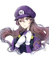 Rule 34 | 1girl, absurdres, ballpoint pen (medium), baseball cap, brown hair, closed mouth, corrin (female) (fire emblem), corrin (fire emblem), cosplay, cropped torso, fire emblem, floating hair, freckles, gloves, hat, highres, long hair, long sleeves, looking at viewer, nintendo, overalls, purple hat, purple sweater, red eyes, roroichi, simple background, solo, super smash bros., sweater, traditional media, upper body, very long hair, wario, wario (cosplay), wario land, warioware, white background, white gloves