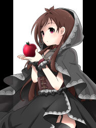 Rule 34 | 1girl, absurdres, antenna hair, apple, black dress, black scrunchie, black thighhighs, blush, breasts, brown corset, brown hair, choker, corset, cowboy shot, dress, food, from side, fruit, garter straps, hands up, highres, holding, holding food, holding fruit, hood, hood up, idolmaster, idolmaster cinderella girls, idolmaster cinderella girls starlight stage, lace, lace-trimmed dress, lace trim, long hair, looking at viewer, maka073, medium breasts, parted lips, red choker, red eyes, scrunchie, shaded face, simple background, thighhighs, tsujino akari, two-tone background, underbust, wrist scrunchie