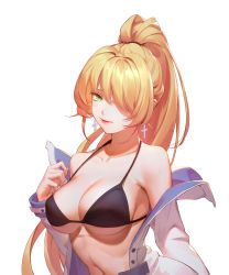 Rule 34 | 1girl, absurdres, arm at side, bare shoulders, bikini, black bikini, blonde hair, blush, breasts, cleavage, collarbone, commentary request, cross, cross earrings, earrings, eyelashes, hair over one eye, hair tie, halterneck, hand up, highres, jacket, jewelry, large breasts, long hair, looking at viewer, monochrome, navel, open clothes, open jacket, original, parted lips, ponytail, q18607, sidelocks, simple background, solo, standing, stomach, strap gap, swimsuit, underboob, upper body, white background