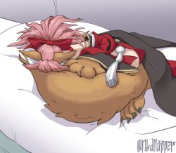 Rule 34 | 1girl, animal hands, bow, fate/grand order, fate (series), hair bow, highres, hugging own tail, hugging tail, long hair, lying, mkd napper, on stomach, pillow, pink hair, simple background, sleeping, solo, tail, tamamo (fate), tamamo cat (fate), tamamo cat (first ascension) (fate), tamamo no mae (fate/extra), tassel, twitter username