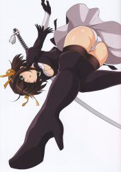 Rule 34 | 1girl, absurdres, ass, bad e-hentai id, bad id, black dress, black footwear, black thighhighs, blush, boots, breasts, brown eyes, brown hair, cleavage, cleavage cutout, clothing cutout, cosplay, dress, dutch angle, feather trim, gloves, hairband, haruhisky, high heel boots, high heels, highres, looking at viewer, medium breasts, nier:automata, nier (series), open mouth, panties, pantyshot, puffy sleeves, scan, shiny skin, simple background, solo, suzumiya haruhi, suzumiya haruhi no yuuutsu, sword, thigh boots, thighhighs, thighhighs under boots, thighs, two-sided fabric, two-sided skirt, underwear, weapon, weapon on back, white background, 2b (nier:automata), 2b (nier:automata) (cosplay)