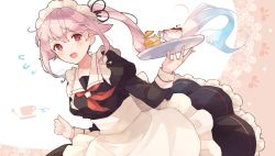 Rule 34 | 1girl, adapted costume, alternate costume, apron, black dress, black ribbon, blue hair, commentary request, cowboy shot, cup, dress, enmaided, flying sweatdrops, frilled apron, frills, gradient hair, hair ribbon, harusame (kancolle), kantai collection, maid, multicolored hair, neckerchief, pink hair, red eyes, red neckerchief, ribbon, shakemi (sake mgmgmg), side ponytail, solo, spill, sweatdrop, teacup, tray, white apron