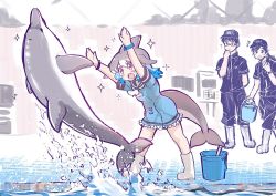 Rule 34 | 10s, 1boy, 2girls, :d, ^^^, alternate footwear, arms up, baseball cap, black hair, blowhole, blue hair, blush, boots, bracelet, bucket, cetacean tail, commentary, common bottlenose dolphin (kemono friends), dolphin, dress, english commentary, fins, fish tail, frilled dress, frills, grey hair, hat, japari symbol, jewelry, kemono friends, leaning forward, multicolored hair, multiple girls, neckerchief, open mouth, ponytail, sailor collar, short hair, short sleeves, smile, sparkle, splashing, star (symbol), tail, tanaka kusao, uniform, watch, water