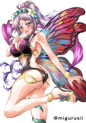 Rule 34 | 1girl, absurdres, artist name, ass, bare shoulders, blush, breasts, brown eyes, facial mark, fairy, fairy wings, fire emblem, fire emblem heroes, flower, forehead mark, hair flower, hair ornament, half updo, highres, large breasts, long hair, migurusii, nintendo, one-piece swimsuit, open mouth, plumeria (fire emblem), pointy ears, ponytail, purple hair, sandals, smile, solo, swimsuit, white background, wings