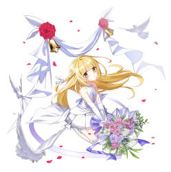 Rule 34 | 1girl, :o, back bow, banner, bare arms, bell, bird, blonde hair, blush, bouquet, bow, braid, bridal gauntlets, closers, dove, dress, falling petals, flat chest, flower, frilled thighhighs, frills, full body, hair ribbon, highres, holding, holding bouquet, kneeling, lace, lace-trimmed dress, lace trim, long hair, looking at viewer, lucy (closers), official art, petals, pink flower, pink rose, purple flower, purple rose, red flower, red rose, ribbon, rose, short dress, side braid, sleeveless, sleeveless dress, solo, tachi-e, thighhighs, wedding dress, white background, white bow, white bridal gauntlets, dove, white dress, white ribbon, white thighhighs, yellow eyes