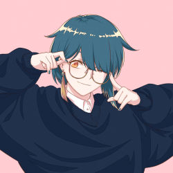Rule 34 | 1boy, blue hair, blue nails, brill p, closed mouth, collared shirt, earrings, unworn eyewear, genshin impact, glasses, highres, holding, holding removed eyewear, jewelry, long sleeves, looking at viewer, male focus, nail polish, one eye closed, pink background, shirt, simple background, single earring, smile, solo, sweater, tassel, tassel earrings, xingqiu (genshin impact), yellow eyes