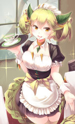 Rule 34 | + +, 1girl, absurdres, apron, blonde hair, blush, breasts, brown eyes, brown thighhighs, collarbone, cup, dragonmaid (yu-gi-oh!), duel monster, fang, hair ornament, highres, holding, holding tray, kanzakietc, leaf hair ornament, looking at viewer, maid, maid apron, medium breasts, open mouth, parlor dragonmaid, plate, short hair, short twintails, smile, solo, teacup, thighhighs, tray, twintails, wrist cuffs, yu-gi-oh!