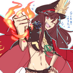 Rule 34 | 1girl, breasts, brown eyes, brown hair, cape, clenched hand, cowboy shot, fate/grand order, fate (series), fire, groin, hair between eyes, hand on own hip, hat, hollomaru, long hair, medium breasts, navel, oda nobunaga (fate), oda nobunaga (koha-ace), oda nobunaga (swimsuit berserker) (fate), oda nobunaga (swimsuit berserker) (second ascension) (fate), one eye closed, smile, solo, white background