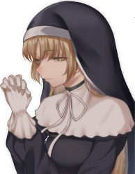 Rule 34 | + +, 1girl, blonde hair, breasts, gloves, half-closed eyes, highres, interlocked fingers, long hair, nijisanji, nun, own hands clasped, own hands together, simple background, sister claire, sister claire (1st costume), skysign ft, solo, traditional nun, virtual youtuber, white background, white gloves