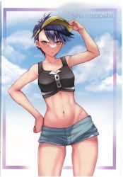 Rule 34 | 1girl, absurdres, bare shoulders, blue hair, blush, breasts, buttons, closed mouth, cloud, collarbone, creatures (company), cyllene (pokemon), game freak, hand on own hip, highres, holding, lips, looking at viewer, medium breasts, midriff, navel, nintendo, pokemon, pokemon legends: arceus, purple eyes, scan, short hair, short shorts, shorts, simple background, sky, sleeveless, solo, stomach, swimsuit, takecha, thighs, visor cap