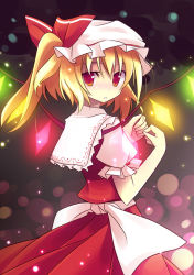Rule 34 | 1girl, back, blush, bow, collar, fang, female focus, flandre scarlet, frilled shirt collar, frills, hat, hat ribbon, looking at viewer, looking back, mob cap, puffy short sleeves, puffy sleeves, red bow, red eyes, red skirt, red vest, ribbon, sailor collar, sash, short hair, short sleeves, side ponytail, skirt, solo, touhou, vest, white bow, white collar, white hat, wings