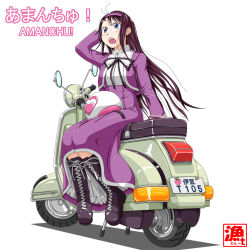 Rule 34 | 1girl, amanchu!, arm behind head, arm up, asaruton, blue eyes, boots, cellphone, copyright name, cross-laced footwear, hairband, helmet, highres, lace-up boots, long hair, motor vehicle, ooki futaba, open mouth, phone, purple hair, ribbon, school uniform, scooter, signature, sitting, solo, text focus, vehicle, very long hair, vespa