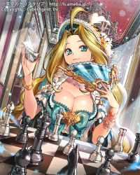 Rule 34 | 1girl, :3, ahoge, bad id, bad pixiv id, blonde hair, board game, breasts, chess, chess piece, cleavage, company name, copyright name, folding fan, green eyes, hand fan, hat, holding, jewelry, large breasts, long hair, looking at viewer, lots of jewelry, official art, original, popqn, smile, solo, tenkuu no crystalia, watermark, web address