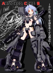 Rule 34 | 1girl, armored core, armored core 5, blue hair, breasts, from software, highres, mecha musume, notice (kou), orange eyes, solo, underboob