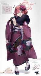 Rule 34 | +++, 1girl, aru (blue archive), aru (new year) (blue archive), black gloves, blue archive, brown horns, brown kimono, closed eyes, demon horns, donggua bing cha, flower, full body, fur-trimmed kimono, fur trim, gloves, halo, highres, horns, japanese clothes, kimono, long sleeves, obi, official alternate costume, okobo, omikuji, open mouth, pink hair, pink halo, red flower, sandals, sash, short hair, smile, socks, solo, white socks, wide sleeves