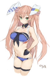 Rule 34 | 1girl, absurdres, alternate eye color, bikini, black gloves, blue bikini, blush, breasts, closed mouth, collarbone, cowboy shot, cropped legs, gloves, green eyes, hair between eyes, highres, johnston (kancolle), kantai collection, light brown hair, long hair, medium breasts, navel, ryo (tg290), simple background, solo, star (symbol), swimsuit, twitter username, two side up, white background