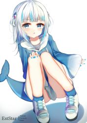 Rule 34 | 1girl, aties20, blue eyes, blue hair, blue hoodie, blue nails, blue socks, blush, colored shadow, commentary request, drawstring, fins, fish tail, gawr gura, hand on own knee, hololive, hololive english, hood, hood down, hoodie, knees up, long hair, long sleeves, looking at viewer, multicolored hair, nail polish, parted lips, shadow, shark tail, sharp teeth, shoes, sleeves past wrists, socks, solo, squatting, streaked hair, tail, teeth, two-tone hair, upper teeth only, virtual youtuber, white background, white footwear, white hair, wide sleeves