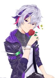 Rule 34 | 1boy, absurdres, black jacket, black pants, closed mouth, commentary request, dated, flower, fuwa minato, hand up, highres, holding, holding flower, jacket, long sleeves, looking at viewer, male focus, mishima ryo, multicolored hair, nijisanji, open clothes, open jacket, pants, pink hair, purple eyes, purple hair, red flower, red rose, rose, shirt, signature, silver hair, simple background, sitting, smile, solo, sparkle, streaked hair, virtual youtuber, white background, white shirt
