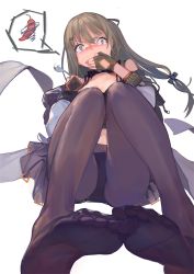Rule 34 | 1girl, black panties, blush, breasts, brown eyes, brown hair, brown pantyhose, choker, cleavage, collarbone, commentary, feet, fingerless gloves, from below, gen (bividgen), girls&#039; frontline, gloves, hair between eyes, hair ornament, hairclip, hand to own mouth, highres, holding, holding spoon, k2 (girls&#039; frontline), long hair, looking at viewer, medium breasts, miniskirt, no shoes, one side up, panties, pantyhose, sidelocks, simple background, skirt, soles, solo, spicy, spoon, stomach, tearing up, thighband pantyhose, toes, underwear, white background