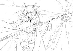 Rule 34 | 1girl, absurdres, animal ears, areaaaron, arknights, closed mouth, cowboy shot, feather hair, greyscale, hair ornament, highres, holding, holding weapon, lineart, long hair, long sleeves, looking at viewer, monochrome, ptilopsis (arknights), ptilopsis (elite ii) (arknights), solo, standing, thighhighs, weapon, wide sleeves
