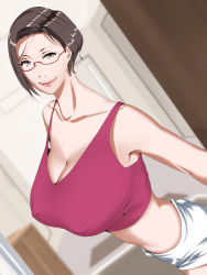 Rule 34 | 1girl, bare arms, black hair, blurry, blurry background, breasts, cleavage, closed mouth, covered erect nipples, dutch angle, female focus, from above, glasses, highres, huge breasts, indoors, looking at viewer, midriff, nypaon, original, pink eyes, red-framed eyewear, semi-rimless eyewear, short hair, short shorts, shorts, sleeveless, smile, solo, standing