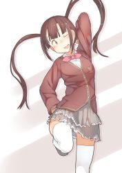 Rule 34 | 10s, 1girl, arm up, blush, bow, bowtie, brown hair, buttons, cowboy shot, eyebrows, frilled skirt, frills, fuu fuu, grey skirt, head tilt, highres, idolmaster, idolmaster million live!, jacket, leg up, long hair, long sleeves, looking at viewer, matsuda arisa, one eye closed, open mouth, pink bow, pink bowtie, shadow, shirt, skirt, solo, thighhighs, twintails, white shirt, white thighhighs, yellow eyes, zettai ryouiki