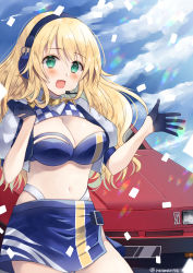 Rule 34 | 1girl, alternate costume, atago (kancolle), blonde hair, blue gloves, blush, breasts, cleavage, cloud, confetti, crop top, day, gloves, green eyes, half gloves, hatomaru (hatomaru56), headphones, headset, highleg, highres, kantai collection, large breasts, long hair, motor vehicle, nissan, nissan skyline, open mouth, outdoors, race queen, short sleeves, skirt, sky, solo, twitter username