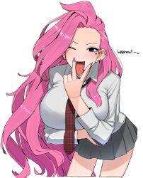 Rule 34 | 1girl, ear piercing, earrings, gyaru, highres, jewelry, league of legends, long hair, long tongue, looking at viewer, necktie, ohasi, open mouth, piercing, pink hair, pink nails, pleated skirt, school uniform, seraphine (league of legends), simple background, skirt, solo, tongue, tongue out, white background
