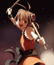 Rule 34 | 10s, 1girl, alternate costume, antenna hair, bad id, bad pixiv id, brown eyes, brown hair, double bun, drumsticks, embers, highres, japanese clothes, kantai collection, kisetsu, microphone, naka (kancolle), open mouth, short hair, smile, teeth, tongue