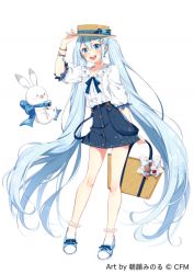 Rule 34 | 1girl, 1other, adjusting clothes, adjusting headwear, asagao minoru, bag, beamed eighth notes, blue bow, blue eyes, blue hair, blue neckwear, blue skirt, boater hat, bow, bracelet, buttons, camera, charm (object), commentary, contrapposto, crypton future media, floral print, fortissimo, full body, hair ornament, hairclip, hand up, hat, hat bow, hatsune miku, holding, holding bag, holding camera, jewelry, light blue hair, long hair, looking at viewer, miniskirt, musical note, musical note hair ornament, musical note print, neck ribbon, quarter note, rabbit, rabbit yukine, ribbon, shirt, short sleeves, skirt, smile, snowflake ornament, standing, suspender skirt, suspenders, twintails, very long hair, vocaloid, white background, white bow, white shirt, yuki miku