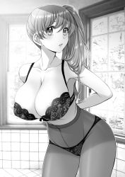 Rule 34 | 1girl, areola slip, bra, breasts, cowboy shot, crotch seam, earrings, greyscale, high-waist pantyhose, indoors, jewelry, kuroda akimi, lace, lace-trimmed bra, lace panties, lace trim, large breasts, lips, long hair, looking at viewer, monochrome, original, panties, panties under pantyhose, pantyhose, parted lips, side ponytail, solo, underwear, window