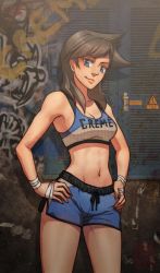 Rule 34 | 1girl, blue-hamu, blue eyes, breasts, brown hair, cleavage, hands on own hips, highres, lips, long hair, looking at viewer, midriff, navel, original, shorts, smile, solo, sports bra, stomach, tomboy