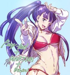 Rule 34 | 1girl, ;d, alternate hairstyle, aoba (smartbeat), arm up, bikini, blue background, blue eyes, breasts, choker, cross, cross choker, earrings, fate/grand order, fate (series), hair over shoulder, jacket, jewelry, long hair, martha (fate), martha (swimsuit ruler) (fate), medium breasts, navel, one eye closed, open clothes, open jacket, open mouth, pink bikini, pinky out, pointing, pointing at viewer, ponytail, purple hair, rosary, shading eyes, side-tie bikini bottom, simple background, sketch, smile, solo, swimsuit, very long hair