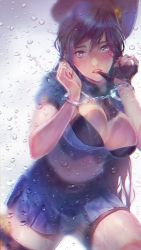 Rule 34 | 1girl, against glass, bad id, bad pixiv id, blue eyes, blue hair, blush, breasts, caitlyn (league of legends), cleavage, cuffs, fingerless gloves, gloves, handcuffs, hat, large breasts, league of legends, long hair, looking at viewer, lucy (amanecer), matching hair/eyes, midriff, mouth hold, officer caitlyn, police, police hat, police uniform, policewoman, solo, uniform