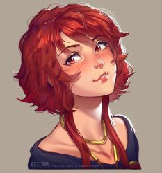 Rule 34 | 1girl, absurdres, blush, borrowed character, collarbone, commentary, english commentary, grey background, highres, jewelry, looking at viewer, mleth, original, parted lips, portrait, red eyes, red hair, short hair with long locks, simple background, smile, solo, watermark, web address