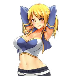 Rule 34 | 1girl, armpits, arms behind head, arms up, blonde hair, breasts, bustier, cleavage, crop top, curvy, detached sleeves, fairy tail, female focus, large breasts, long hair, looking at viewer, lucy heartfilia, midriff, navel, scaverle (mao), smile, solo, vest, white background, wide hips, yellow eyes