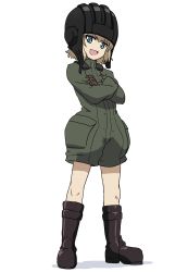 Rule 34 | 1girl, absurdres, black footwear, black gloves, black headwear, blonde hair, blue eyes, boots, commentary, crossed arms, fang, full body, girls und panzer, gloves, green jumpsuit, helmet, highres, insignia, jumpsuit, katyusha (girls und panzer), kicchi (tmgk), long sleeves, looking at viewer, military, military uniform, open mouth, pravda military uniform, short hair, short jumpsuit, simple background, smirk, smug, solo, standing, tank helmet, uniform, white background
