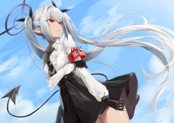 Rule 34 | 1girl, armband, bitterpain, black gloves, black necktie, black ribbon, black skirt, blue archive, blue sky, breasts, cloud, collared shirt, commentary request, day, demon tail, gloves, grey hair, hair ribbon, halo, highres, iori (blue archive), long hair, long sleeves, looking away, looking to the side, necktie, outdoors, parted lips, pleated skirt, puffy long sleeves, puffy sleeves, red eyes, ribbon, shirt, skirt, sky, small breasts, solo, tail, twintails, very long hair, white shirt