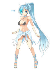 Rule 34 | 1girl, ahoge, bare shoulders, bikini, black bikini, blue bow, blue eyes, blue footwear, blue hair, blush, bow, closed mouth, color guide, earrings, eyes visible through hair, full body, glacial agnaktor, jewelry, long hair, monster hunter (series), ohta yuichi, personification, ponytail, sandals, sarong, simple background, smile, solo, standing, swimsuit, very long hair, white background, wristband