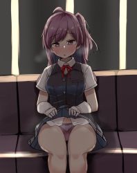 Rule 34 | 1girl, ahoge, black skirt, black vest, brown eyes, clothes lift, commentary request, dress shirt, gloves, hagikaze (kancolle), highres, kantai collection, long hair, neck ribbon, one side up, panties, pleated skirt, purple hair, purple panties, ribbon, shirt, sitting, skirt, skirt lift, solo, underwear, vest, wasumi kei, white gloves, white shirt