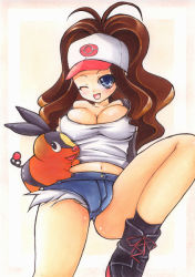 Rule 34 | 10s, baseball cap, blue eyes, blush, boots, breasts, brown hair, cameltoe, cleavage, creatures (company), game freak, gen 5 pokemon, hat, hilda (pokemon), image sample, large breasts, nakamura hinaichi, navel, nintendo, one eye closed, open mouth, pixiv sample, pokemon, pokemon (creature), pokemon bw, ponytail, resized, shorts, simple background, tepig, wink