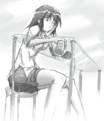 Rule 34 | 1girl, armored core, cup, female focus, from software, glass table, monochrome, novemdecuple, short hair, sitting, solo, table
