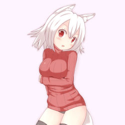 Rule 34 | 1girl, a-ktoo, animal ears, blush, breasts, fox ears, highres, looking at viewer, original, red eyes, ribbed sweater, short hair, simple background, solo, sweater, tail, white hair